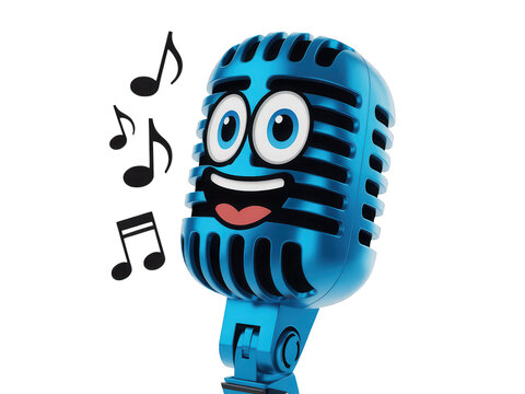 Whimsical blue retro microphone character with animated facial expression sings happily emitting musical notes illustrating vocal performance concept isolated on white background