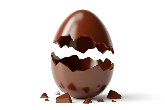 A broken chocolate egg on a white background with pieces scattered around it.