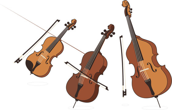 Violin cello and double bass string instruments with bows classical orchestra music set flat vector illustration