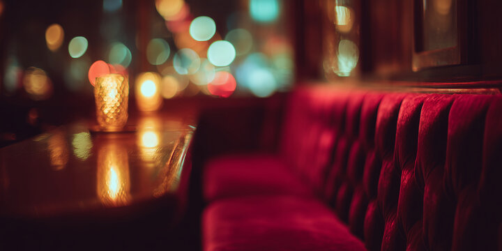 Luxury red velvet sofa with soft bokeh lights and candle glow elegant lounge interior background for nightlife promotions, bar branding and premium hospitality design