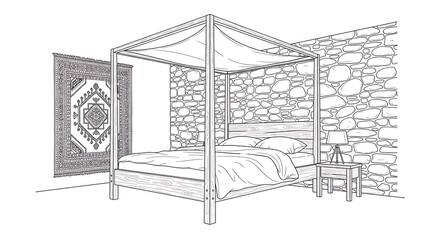 Fototapeta premium Four poster bed with canopy and nightstand in a rustic room
