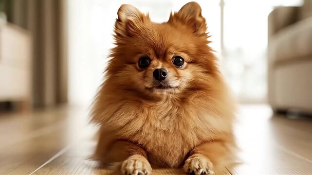 Pomeranian Dog Walking and Laying Down Indoors