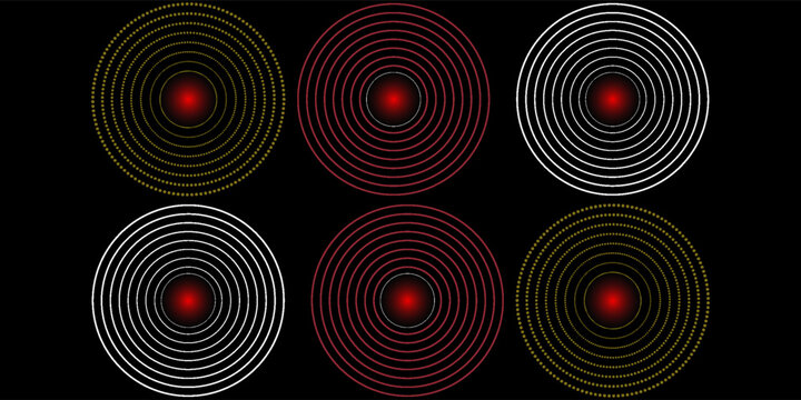Pain Relief Target Icons: Concentric Red Circles for Healthcare, Radar, and Sound Wave Concepts. Pain red circle or localization mark, aching place sign, abstract symbol of pain