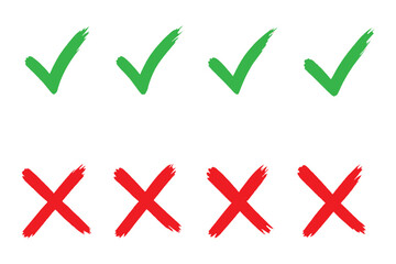 Check mark icons set. Green brush stroke check mark, tick symbols, checklist signs. Grunge brush stroke signs. Grunge checkmark design. Dirty grunge stroke checkmark sign vector illustration Handdrawn © Daishin