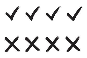 Check mark icons set. Green brush stroke check mark, tick symbols, checklist signs. Grunge brush stroke signs. Grunge checkmark design. Dirty grunge stroke checkmark sign vector illustration Handdrawn © Daishin