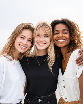 Three young women standing close together, smiling warmly at the camera in a bright, outdoor setting.