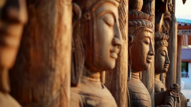 Wooden buddha statues carved on pillars. Traditional buddhist religious art and temple decoration. Ancient sculpture craft for spiritual and cultural heritage.