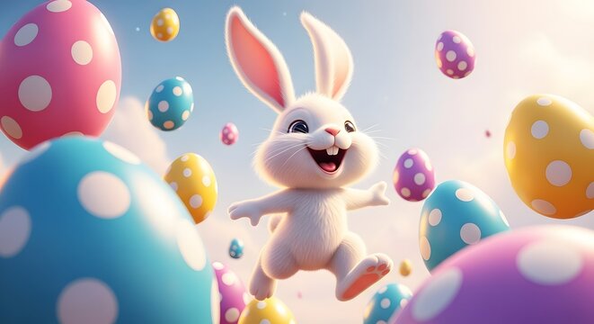 Easter sunday celebration with happy bunny and colorful eggs