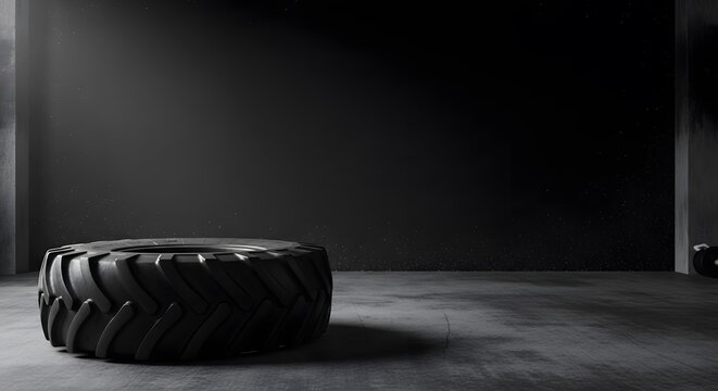 A heavy industrial tire resting on a concrete floor in a dark studio setting for fitness training