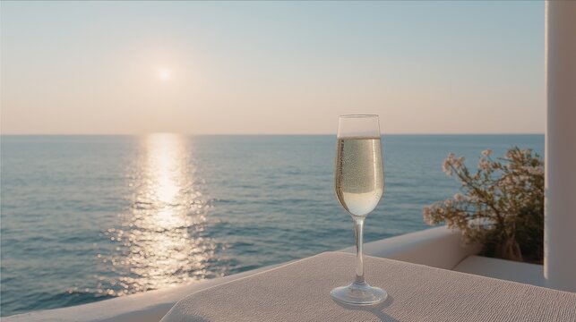 Champagne glass gleams on linen table