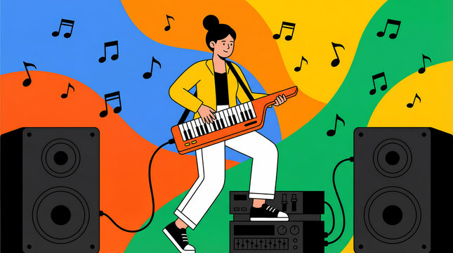 Illustrated young woman playing a keytar on stage with colorful abstract background and music notes