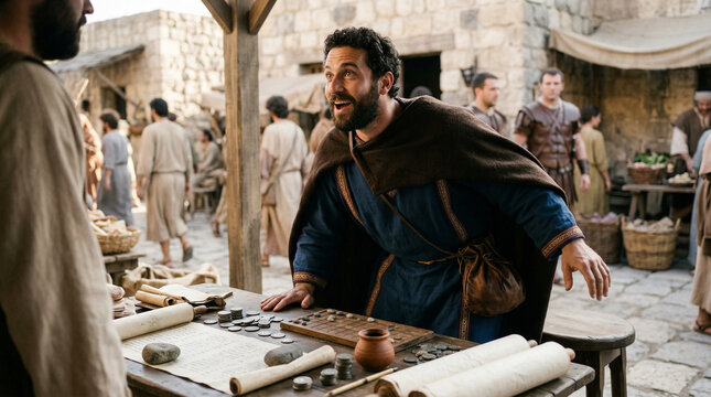 Matthew the tax collector in Capernaum hearing Jesus call, joyful face with wonder in biblical scene