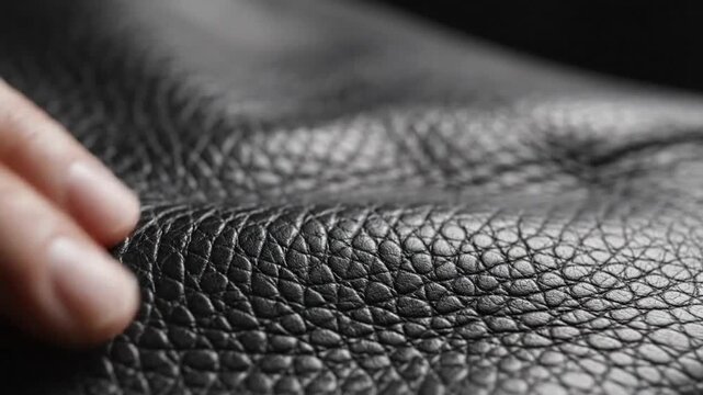 Close-up of black leather texture with human fingers touching it.
