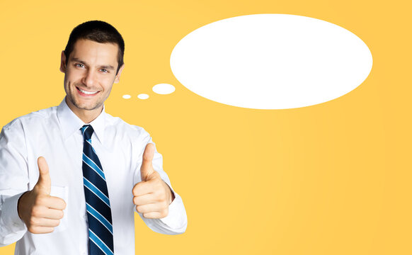 Portrait image - happy smile business man in formal shirt, necktie tie shows points thumb up hand sign gesture. Businessman isolate orange yellow background with white empty mockup speech bubble