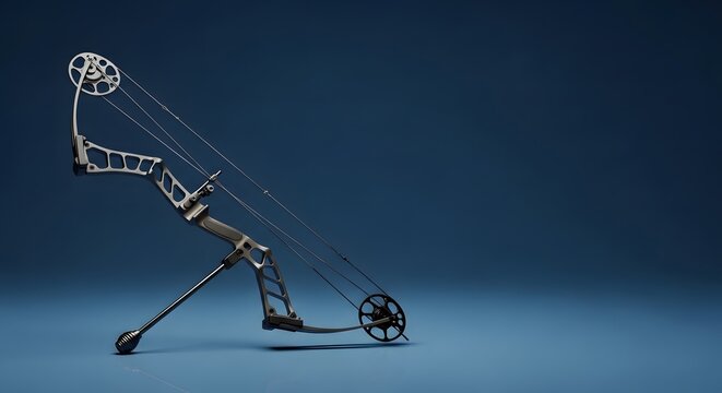 A high-tech compound bow for competitive target archery isolated against a solid blue background