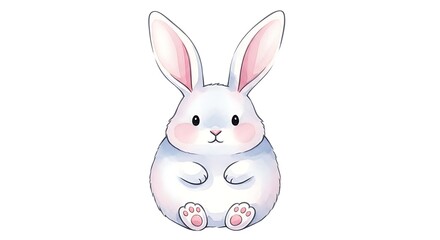 Fototapeta premium Cute chunky Easter bunny with fluffy tail and chubby cheeks holding small decorated egg, playful spring illustration style, pastel colors, crisp detail, isolated white background, centered composition