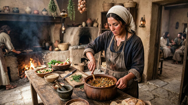 Martha, busy in the kitchen, preparing a meal for Jesus and His disciples. Martha moving purposefully in a first-century kitchen, tending to pots over a fire, kneading bread, with fresh vegetables