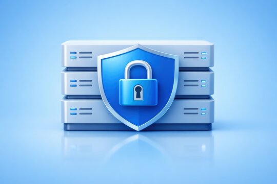 Data Security Illustration: A digital server is shielded by a protective blue shield emblazoned with a secure padlock symbol, underscoring the crucial importance of data safety and privacy.