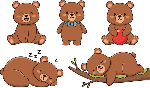 Cute teddy bear characters with sleeping poses and heart, adorable cartoon animals collection in soft vector illustration style