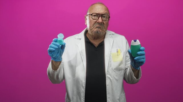 Man doctor in lab coat holds dental floss container and toothpaste bottle, holds up floss between gloved fingers in studio; skepticism product testing.