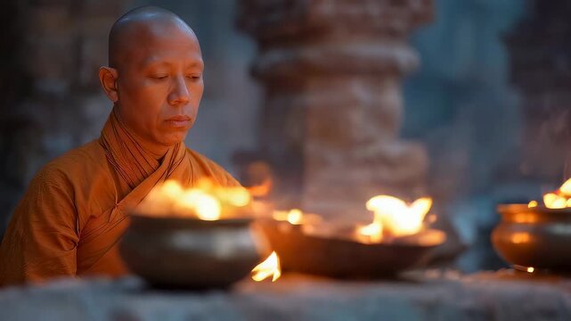 Asian monk meditating by ritual fire in ancient temple. Religious ceremony with burning oil lamps. Spiritual practice, mindfulness and calm belief in tradition.