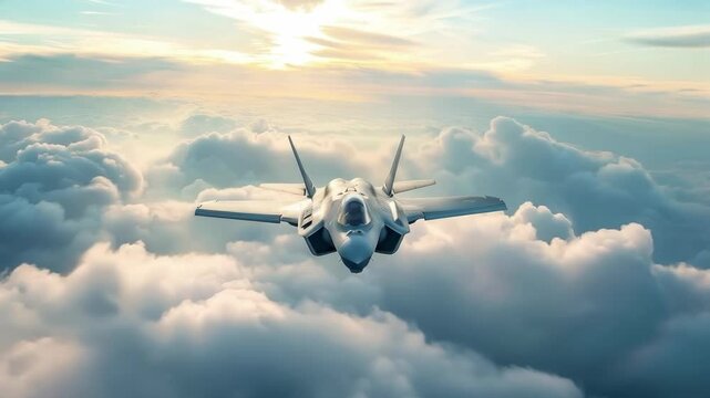 A modern fighter jet flies above the clouds at sunset, providing a dynamic backdrop for projects on military aviation or high technology.

