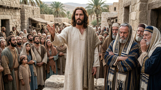 Jesus addressing a crowd while Pharisees listen skeptically, classical biblical scene, Opposition to Jesus, Gospels. Jesus stands on a slight elevation
