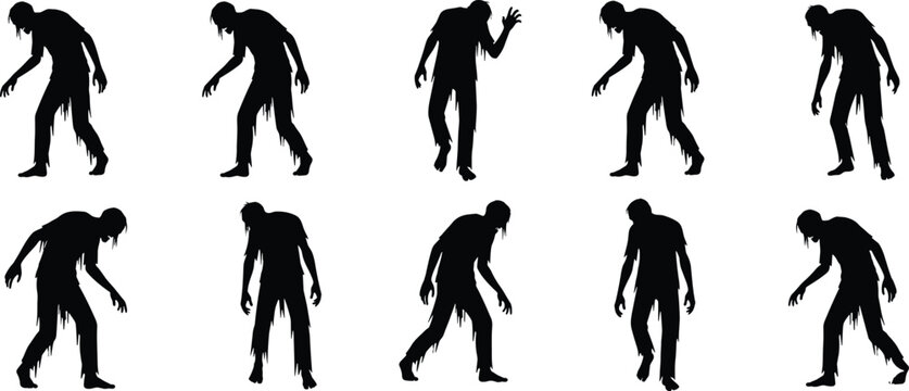 Set of ten creepy zombie silhouettes with tattered clothes walking in various poses isolated on a white background for horror and halloween design.