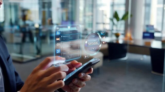 Digital banking transformation individual checking finances on smartphone with holographic interface in modern office space