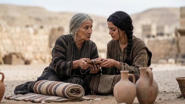 Elderly woman talking to a young woman in a desert village. Grandmother gesturing and sharing a small leather pouch with a girl. Historical life in the desert.