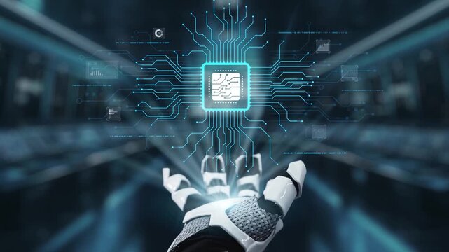 robotic hand holding a glowing digital microprocessor chip