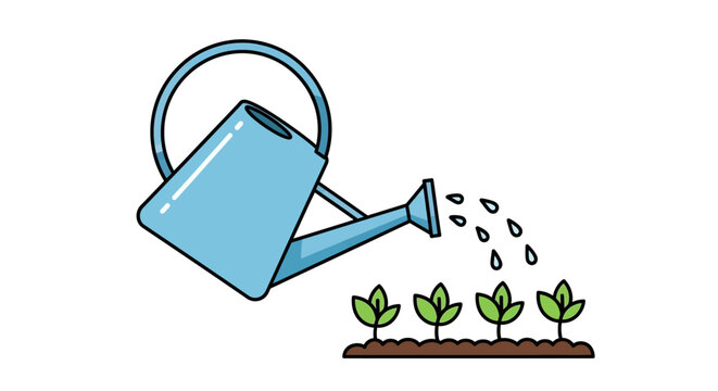 Watering Can Pouring Water on Young Seedlings Growing in Soil