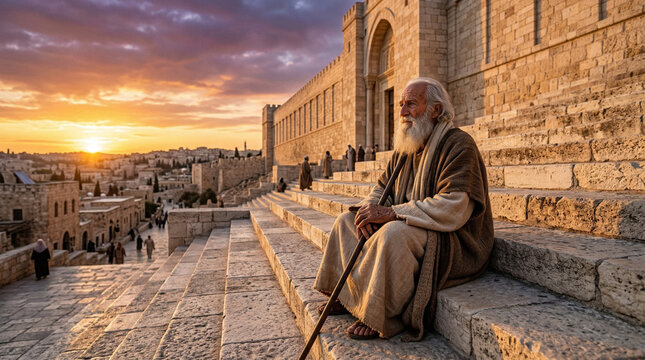Simeon at evening, years before the fulfillment watching the sunset from the Temple steps, his face carrying the long, beautiful weight of continued waiting