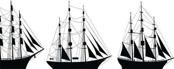 Silhouette of old sailing ship vector set, vintage wooden ocean boat collection for nautical travel design © Afsana
