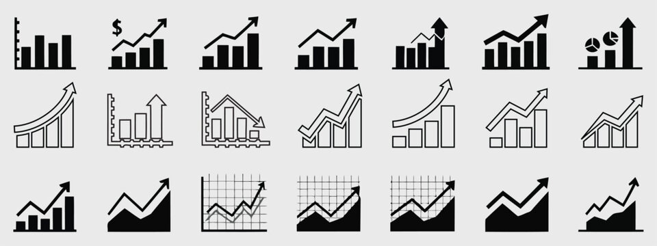 Growing graph set. Business chart with arrow. Growths chart collection. Profit growing sumbol. Progress bar. Bar diagram.  Diagram of increasing and decreasing profits. Growth success arrow icon.