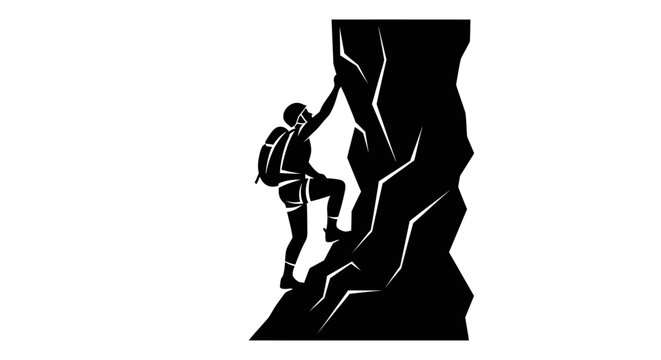 Black-and-white silhouette of a hiker climbing a steep mountain path with a backpack. Use for adventure, travel, or outdoor themes.