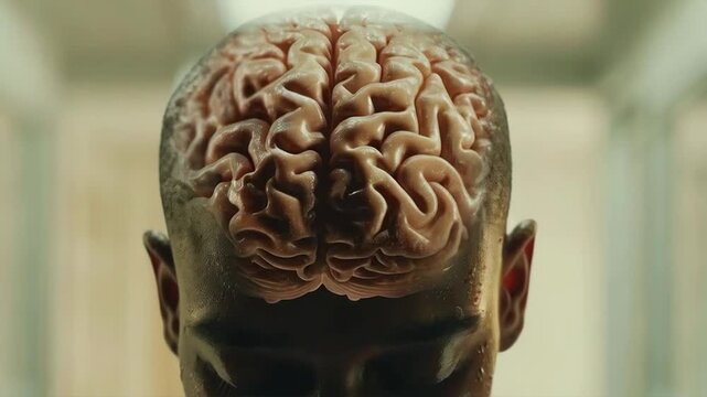 This anatomical model illustrates the structure of the human brain, providing a visual aid for educational presentations on biology or medicine.
