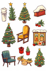 Naklejka premium A collection of cute and playful cartoon Christmas icons that can be used for various holiday-themed projects.