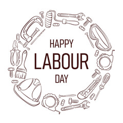 Happy Labour Day greeting card with line art style repair tools. Minimal illustration background for poster, banner and celebration design. © Iryna