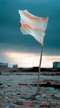 Torn white flag of peace on rubble after war devastation suggesting surrender and ceasefire amid destruction and conflict under overcast sky