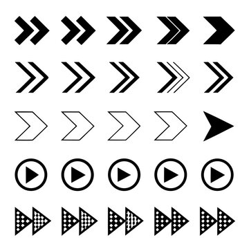 Collection of bold black and white arrow heads featuring various patterns like checkers and stripes for web design and directional signage elements