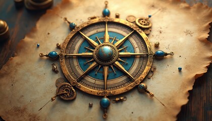 Fototapeta premium Intricate steampunk compass on aged parchment with celestial orb and gears. Antique navigation tool guides journeys through unknown lands or cosmic seas. Discover hidden routes.