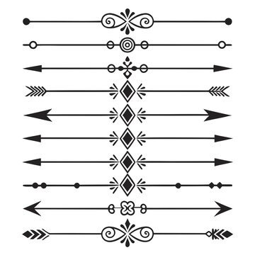 Set of ornamental page dividers and text separators, elegant borders with arrows and floral elements in black isolated on white background