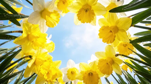 Vibrant blooming spring daffodils against a sky-blue background with a clear text space in the center. Floral frame. Spring awakening, nature banner, seasonal growth