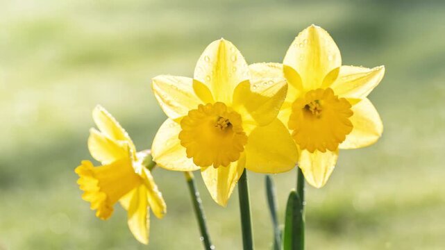 Slow motion blooming bright yellow daffodils against a green spring background. Concepts include awakening, gardening, renewal, and a nature theme