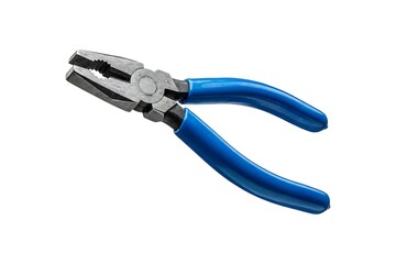Fototapeta premium Professional steel combination pliers with blue rubber grip handles isolated on white background for home improvement and maintenance