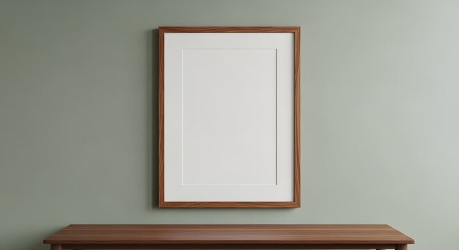 A wooden picture frame with a white mount hanging on a muted green wall above a wooden table
