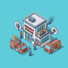 Obraz premium Isometric illustration of an emergency command center with fire trucks and personnel.