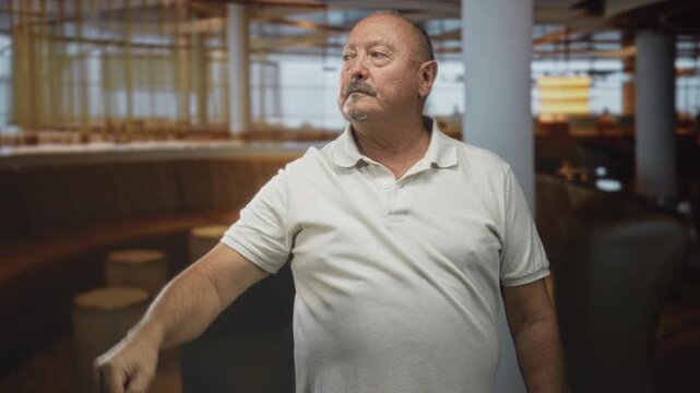 Man points finger with outstretched hand in an airport lounge, wearing a white polo shirt and looking sideways at something off frame; calm determination.