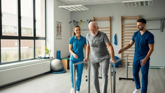 Elderly man performing walking exercise with parallel bars in clinic. Physiotherapist helping senior patient with mobility recovery during rehabilitation therapy.